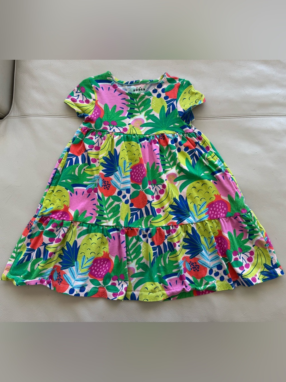 Mini Boden Multicolor Tropical Fruit Print Tiered Cotton Jersey Dress Size 6-7